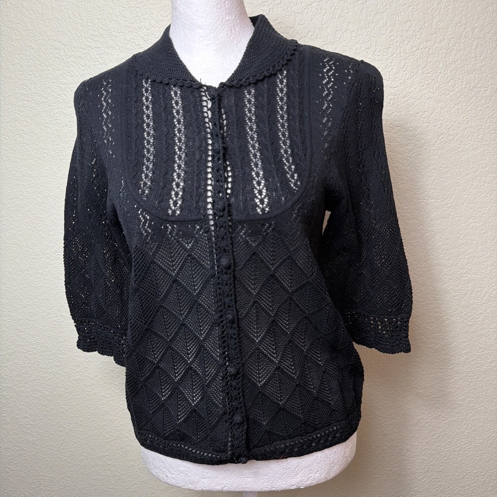 Cynthia Steffe Knit Button Top M Black Open Stitch Crochet Collar Short Sleeve